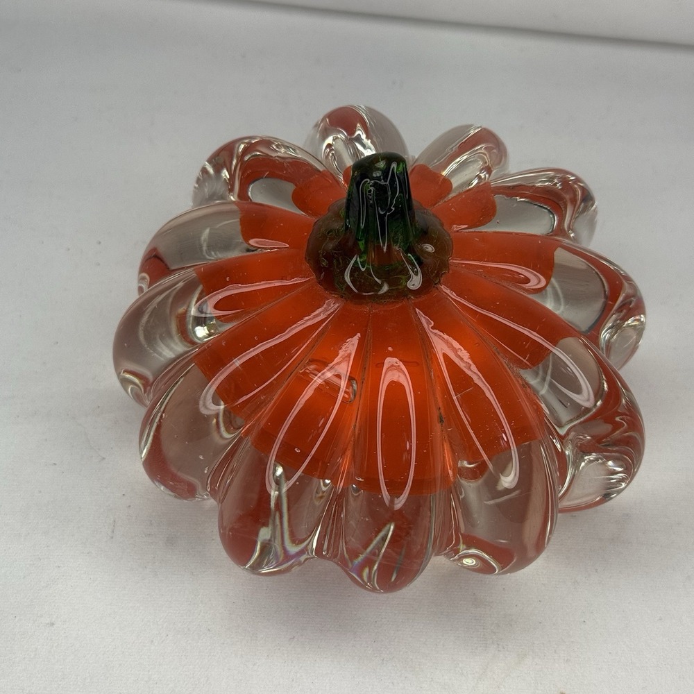 Pumpkin Art Glass Paperweight Orange Clear Green Stem Halloween Fall Decor